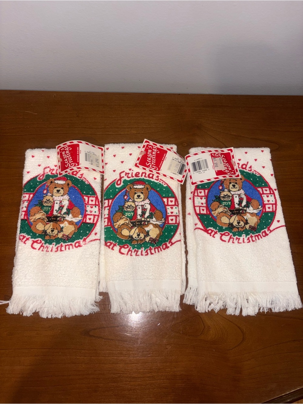 Vintage Franco Set of 3 Cotton Christmas Teddy Bear Hand Towels